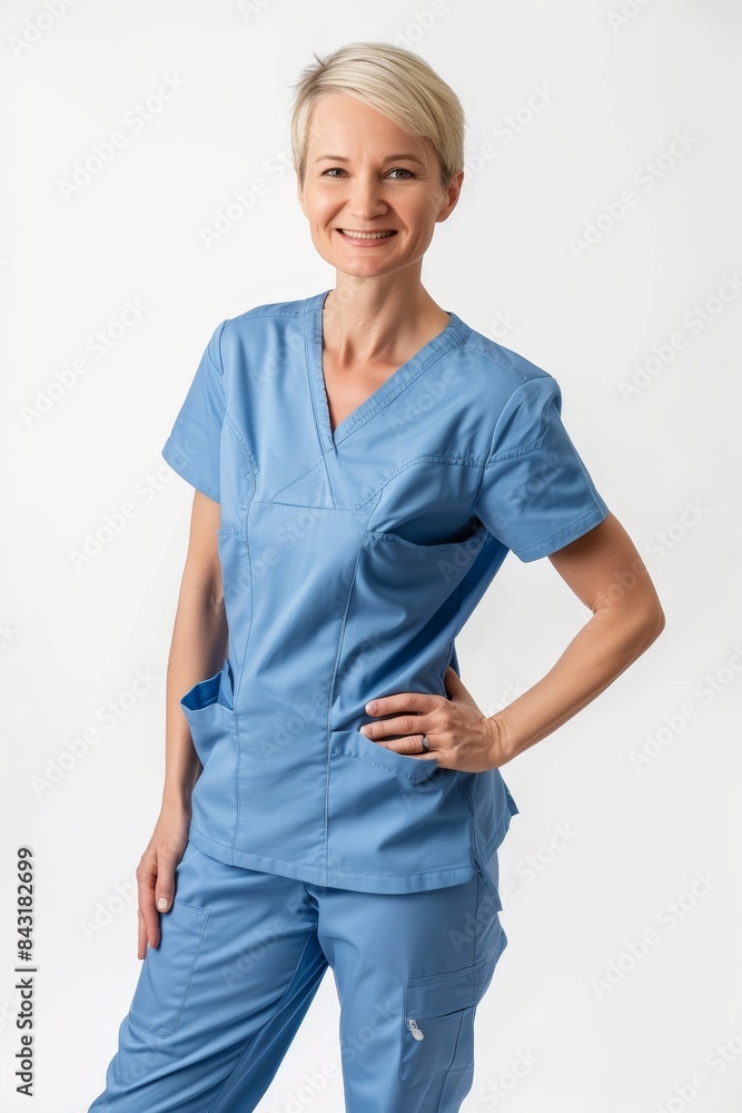 Smiling Senior Female Nurse in Blue Scrubs with Arms Crossed on White Background
Smiling Senior Female Nurse in Blue Scrubs with Arms Crossed on White Background