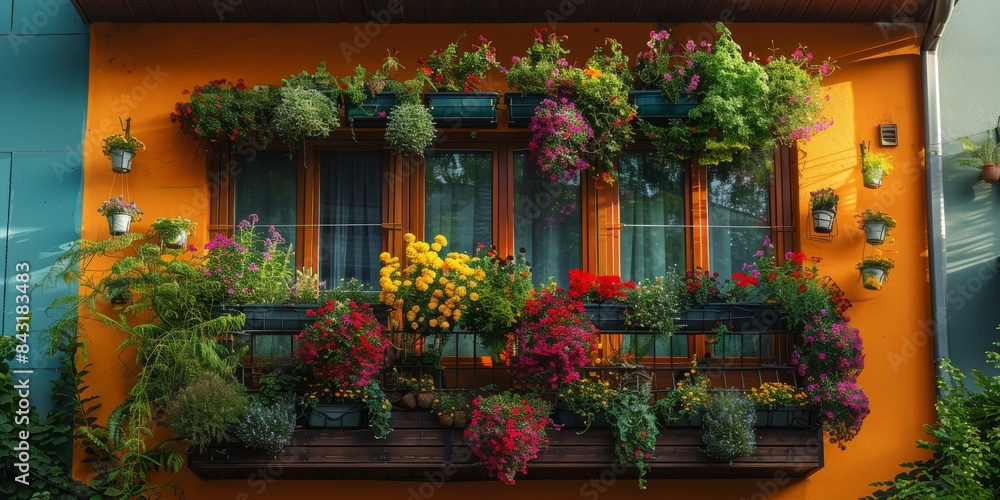 A window filled with numerous flowers is seen on the side of a building A window filled with numerous flowers is seen on the side of a building