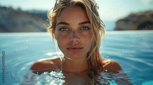 Blonde Woman Relaxing in Infinity Pool