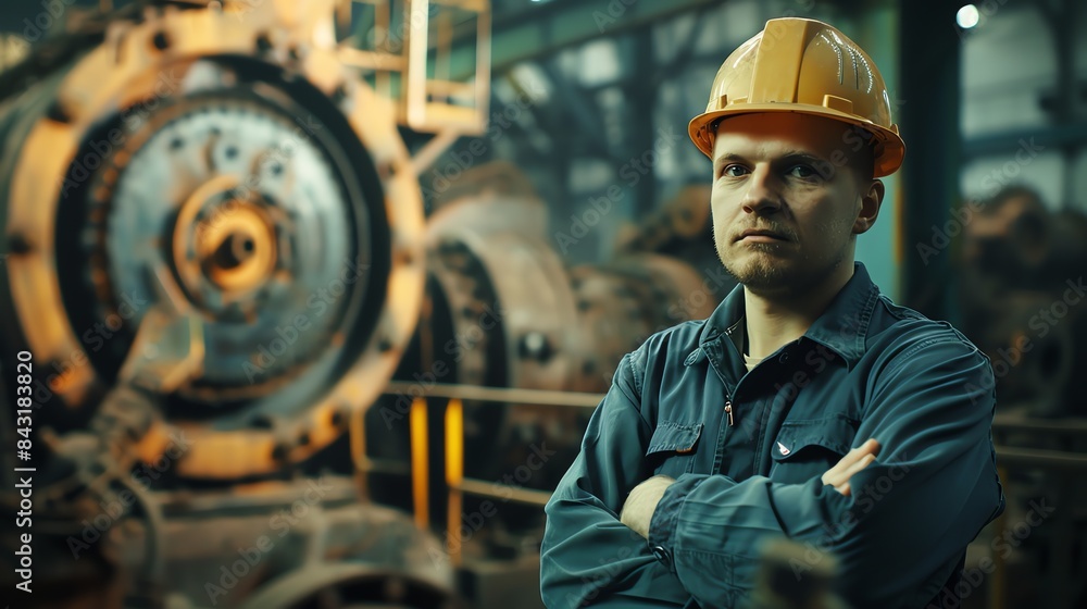 Industrial worker standing in front of a large machine. He is wearing a hard hat and safety glasses. Industrial worker standing in front of a large machine. He is wearing a hard hat and safety glasses.