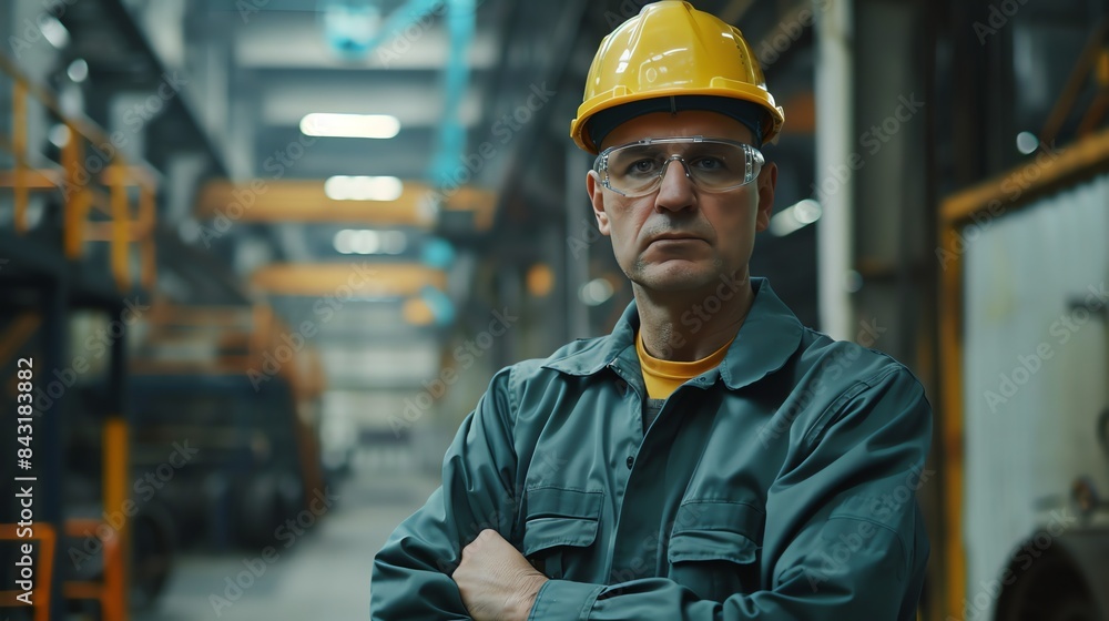 Industrial worker wearing hard hat and safety glasses looking at camera with crossed arms. Industrial worker wearing hard hat and safety glasses looking at camera with crossed arms.