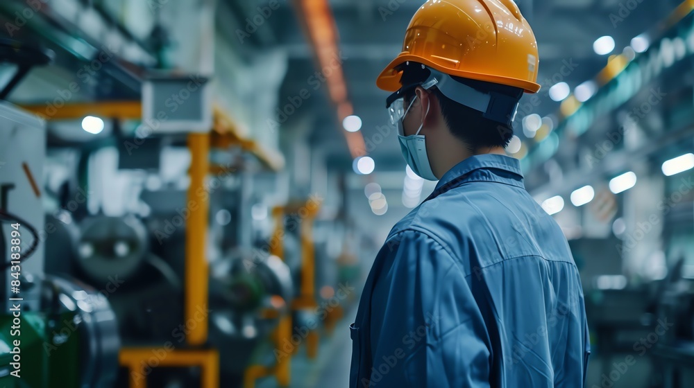 Industrial worker wearing a hard hat and safety glasses looks over the machinery on the factory floor. Industrial worker wearing a hard hat and safety glasses looks over the machinery on the factory floor.