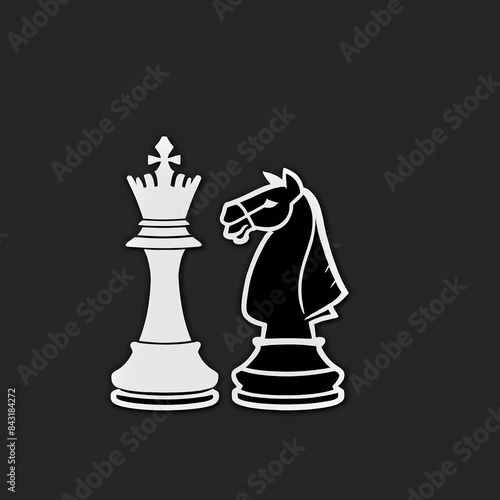 Drawings of black chess knight and white chess king on black background.
