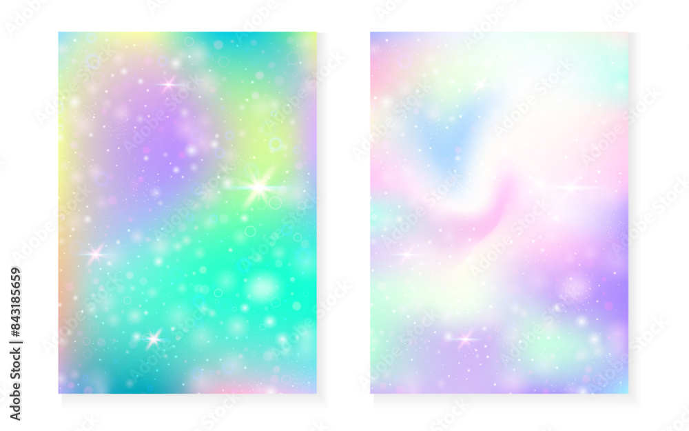 Unicorn background with kawaii magic gradient. Princess rainbow hologram. Holographic fairy set. Multicolor fantasy cover. Unicorn background with sparkles and stars for cute girl party invitation.