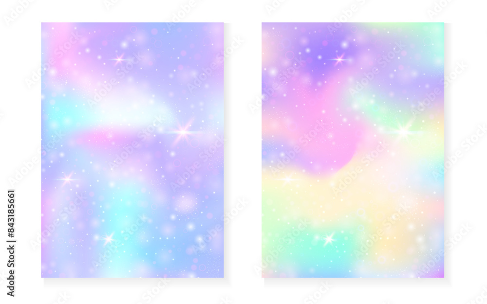 Unicorn background with kawaii magic gradient. Princess rainbow hologram. Holographic fairy set. Fluorescent fantasy cover. Unicorn background with sparkles and stars for cute girl party invitation. Unicorn background with kawaii magic gradient. Princess rainbow hologram. Holographic fairy set. Fluorescent fantasy cover. Unicorn background with sparkles and stars for cute girl party invitation.