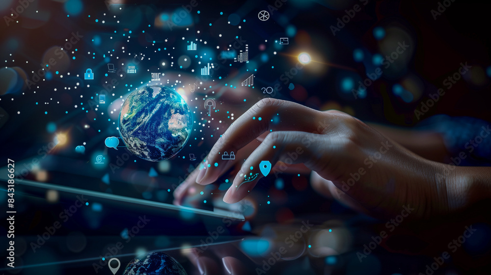 Hands typing on a tablet, with holographic icons and data visualizations floating around them, showing the integration of artificial intelligence technologies in business. Hands typing on a tablet, with holographic icons and data visualizations floating around them, showing the integration of artificial intelligence technologies in business.