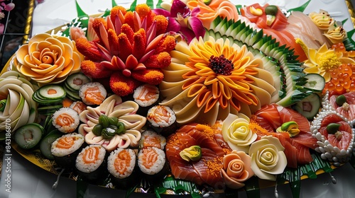 An artfully arranged platter of sushi and sashimi, decorated with intricate carvings of vegetables and flowers.