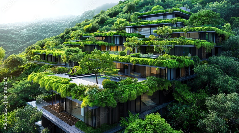 A modern and sustainable home nestled in the lush greenery of a hillside. The home is surrounded by lush vegetation. A modern and sustainable home nestled in the lush greenery of a hillside. The home is surrounded by lush vegetation.