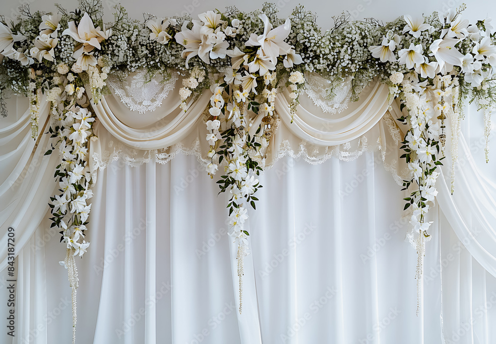 Décoration murale de mariage avec voilage blanc et fleurs Décoration murale de mariage avec voilage blanc et fleurs