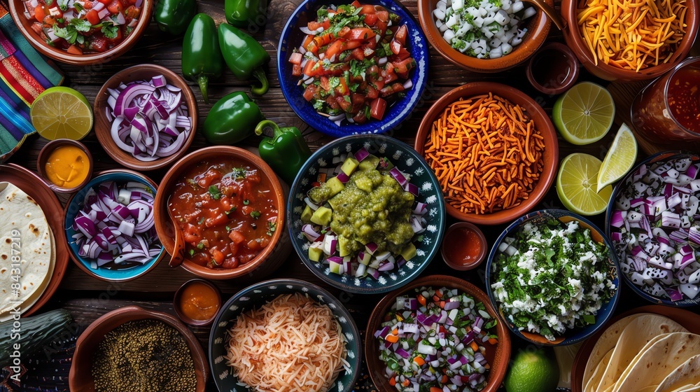 Top view of a wooden table full of delicious Mexican food. Top view of a wooden table full of delicious Mexican food.