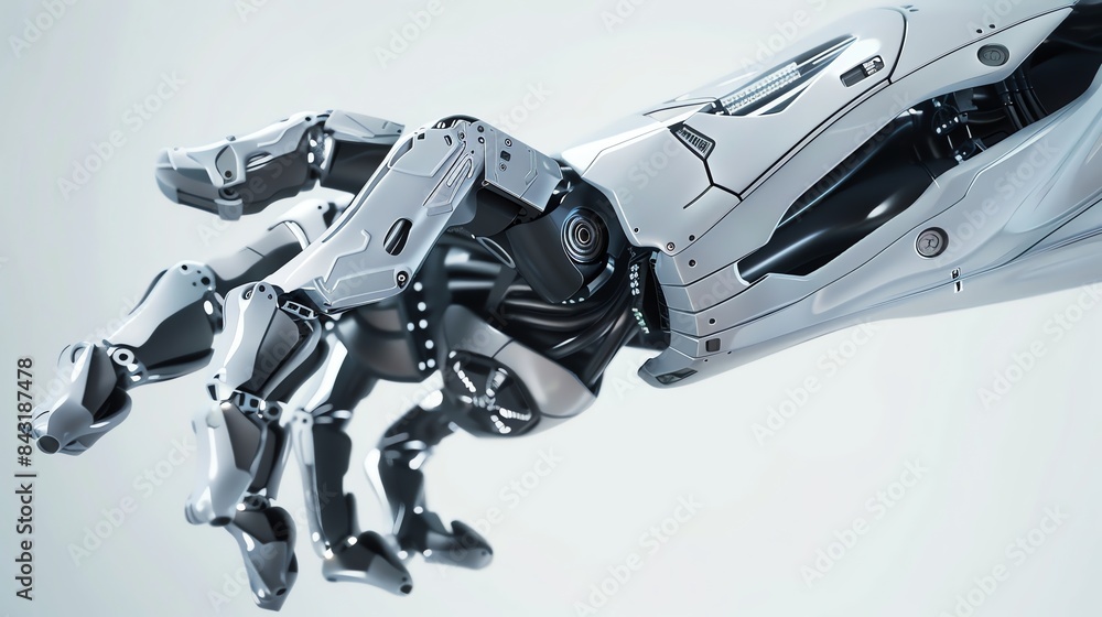 This is a 3D rendering of a robotic hand. The hand is made of metal and has a white and gray color scheme. This is a 3D rendering of a robotic hand. The hand is made of metal and has a white and gray color scheme.