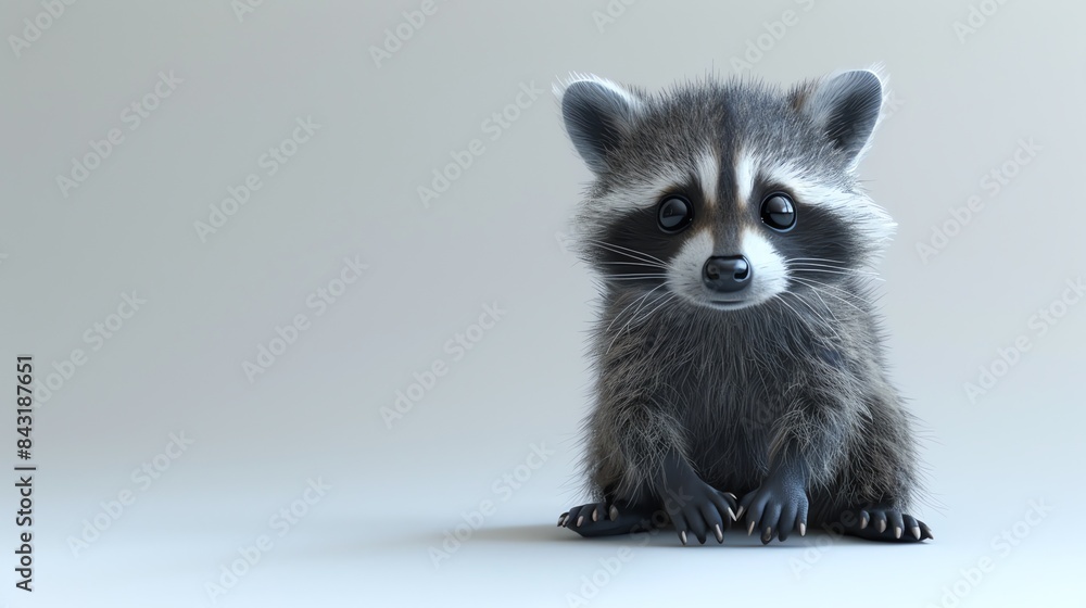 Fototapeta premium Cute and curious raccoon sitting on a white background.