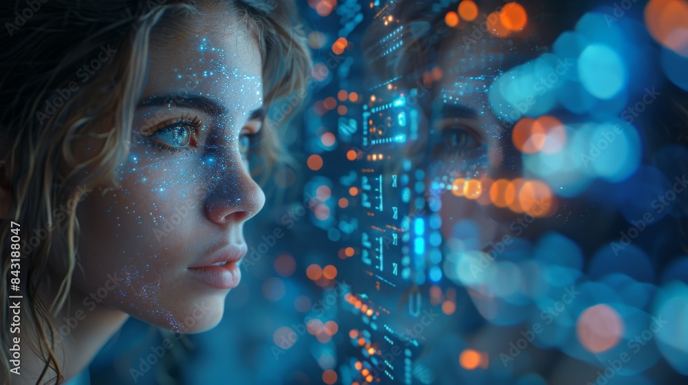 Futuristic female figure merging with digital elements, representing cyber technology Futuristic female figure merging with digital elements, representing cyber technology