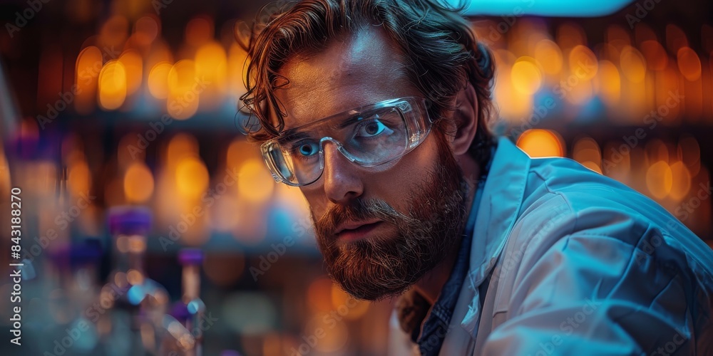 Man with a beard, glasses, lab coat in laboratory Man with a beard, glasses, lab coat in laboratory