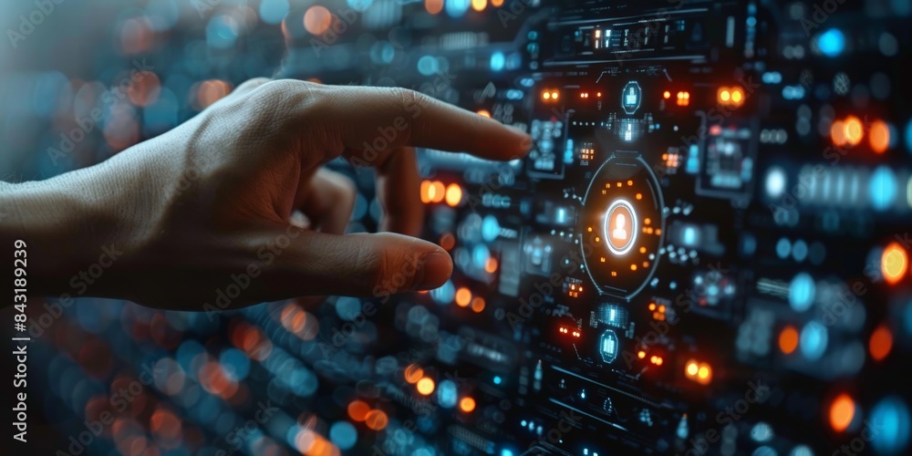 In a futuristic scene, someone uses a hightech interface by pushing a button In a futuristic scene, someone uses a hightech interface by pushing a button