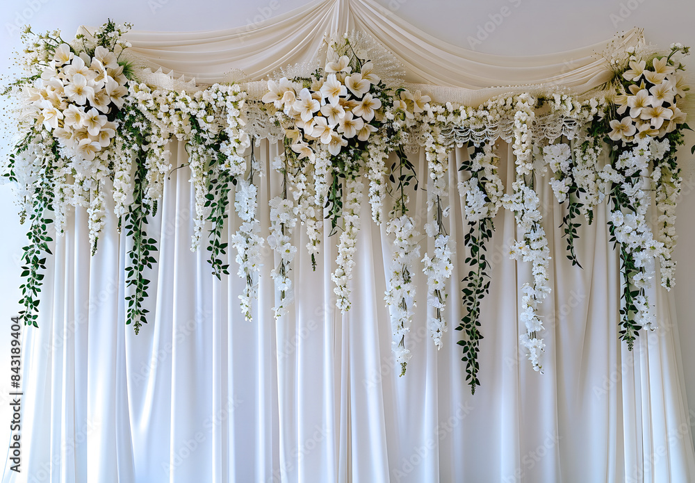 Décoration murale de mariage avec voilage blanc et fleurs Décoration murale de mariage avec voilage blanc et fleurs