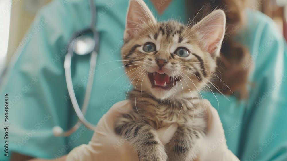 A veterinarian examines a kitten's teeth. The kitten is held in the veterinarian's hands and is opening its mouth wide. A veterinarian examines a kitten's teeth. The kitten is held in the veterinarian's hands and is opening its mouth wide.