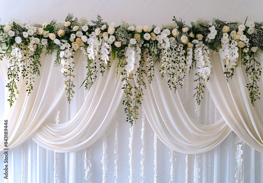 Décoration murale de mariage avec voilage blanc et fleurs Décoration murale de mariage avec voilage blanc et fleurs
