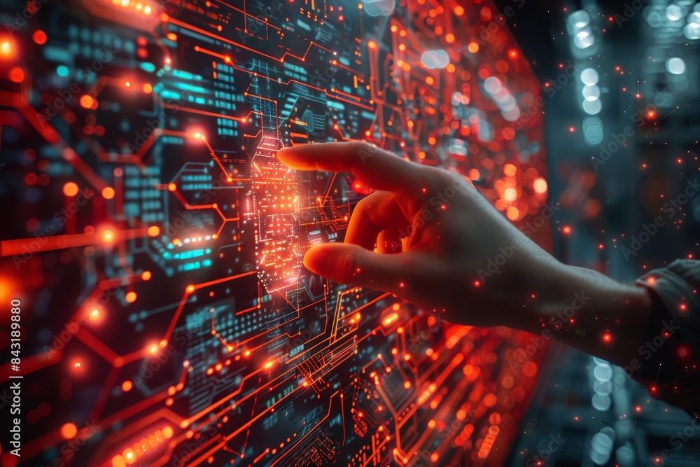 A hand is pointing at a circuit board displayed on a computer screen A hand is pointing at a circuit board displayed on a computer screen