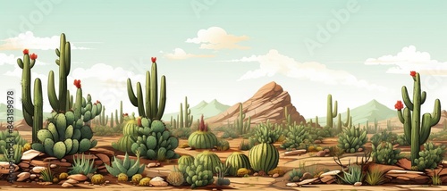 Detailed cactus plants, various shapes and sizes, desert landscape background photo