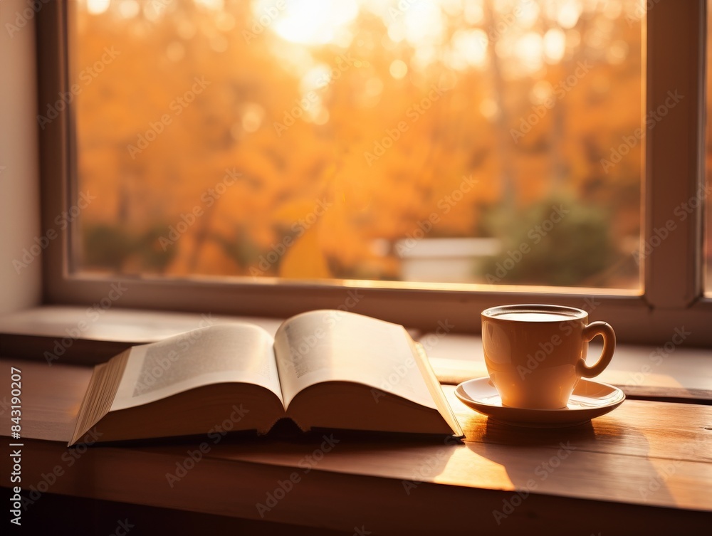 Cozy autumn scene with an open book and a coffee cup on a wooden table by the window with vibrant orange trees outside. Cozy autumn scene with an open book and a coffee cup on a wooden table by the window with vibrant orange trees outside.