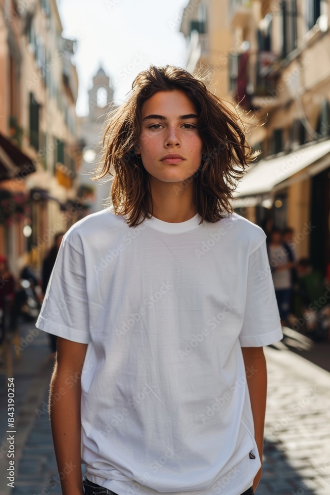 White T-Shirt Mockup in European City. Generative AI White T-Shirt Mockup in European City. Generative AI