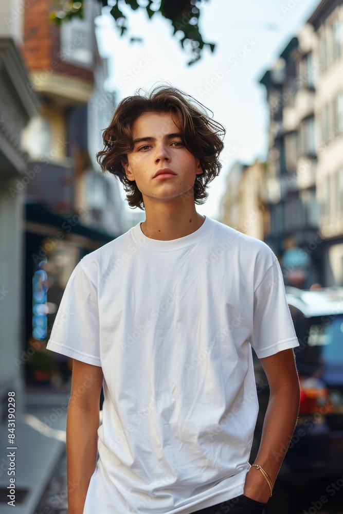 White T-Shirt Mockup: Man In City Street. Generative AI White T-Shirt Mockup: Man In City Street. Generative AI