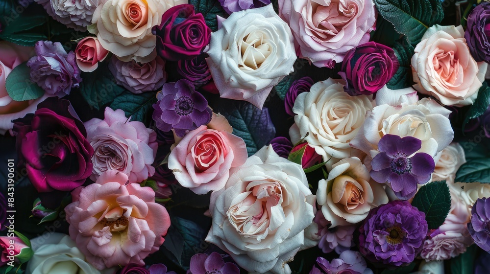 Floral Arrangement with White Purple and Pink Roses on a Background Floral Arrangement with White Purple and Pink Roses on a Background