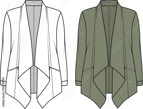 Women's Waterfall Soft Jacket. Technical fashion illustration. Front, white and khaki colour. Women's CAD mock-up.