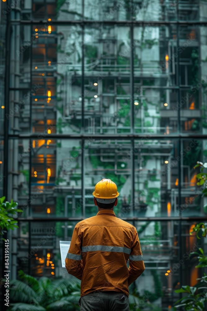 A man wearing a hard hat is positioned in front of a tall building A man wearing a hard hat is positioned in front of a tall building