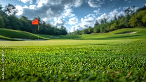 low angle photograph of a golf course green with flag 