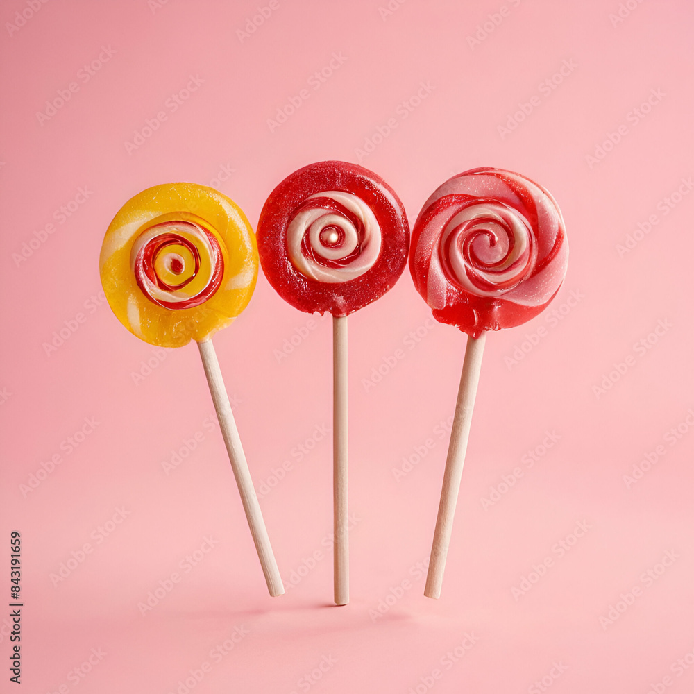 Three vibrant lollipops with a spiraled design, symmetrically arranged on a pink backdrop. Minimal sweets concept. Copy space. Pop culture. Three vibrant lollipops with a spiraled design, symmetrically arranged on a pink backdrop. Minimal sweets concept. Copy space. Pop culture.