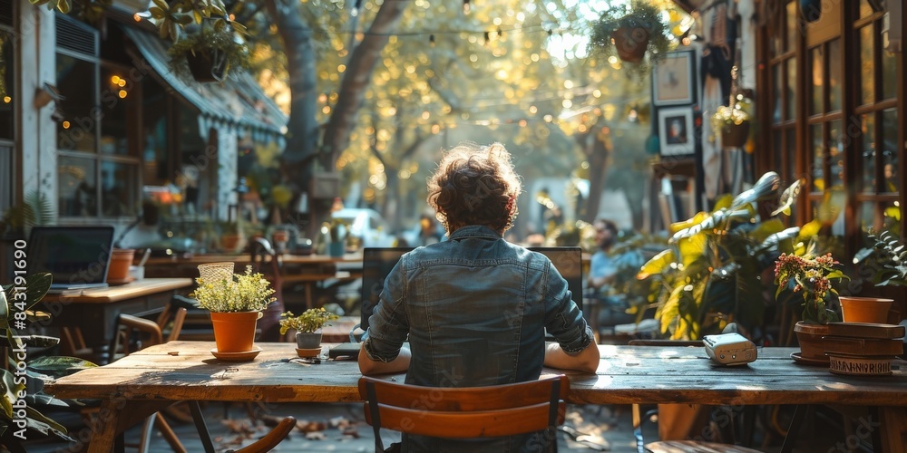 A man at a table with a laptop, surrounded by plants, probably during the day A man at a table with a laptop, surrounded by plants, probably during the day