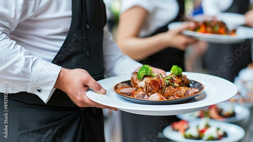 Image description: A waiter is holding a plate of delicious food. The plate has a chicken leg, broccoli, and rosemary.