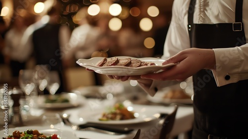 A waiter in a white shirt and black vest holds a plate of delicious-looking food in a fancy restaurant. photo