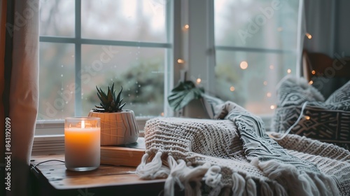 A cozy window seat with a candle, a book, and a cup of coffee is the perfect place to relax and unwind. photo