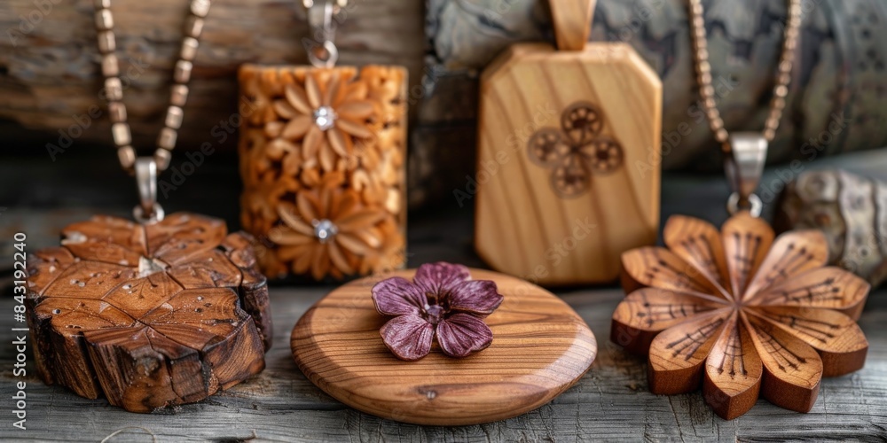 There are wooden necklaces displayed on the table There are wooden necklaces displayed on the table