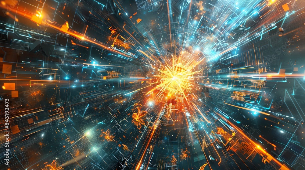 Glowing orange tunnel of light. Abstract digital background.