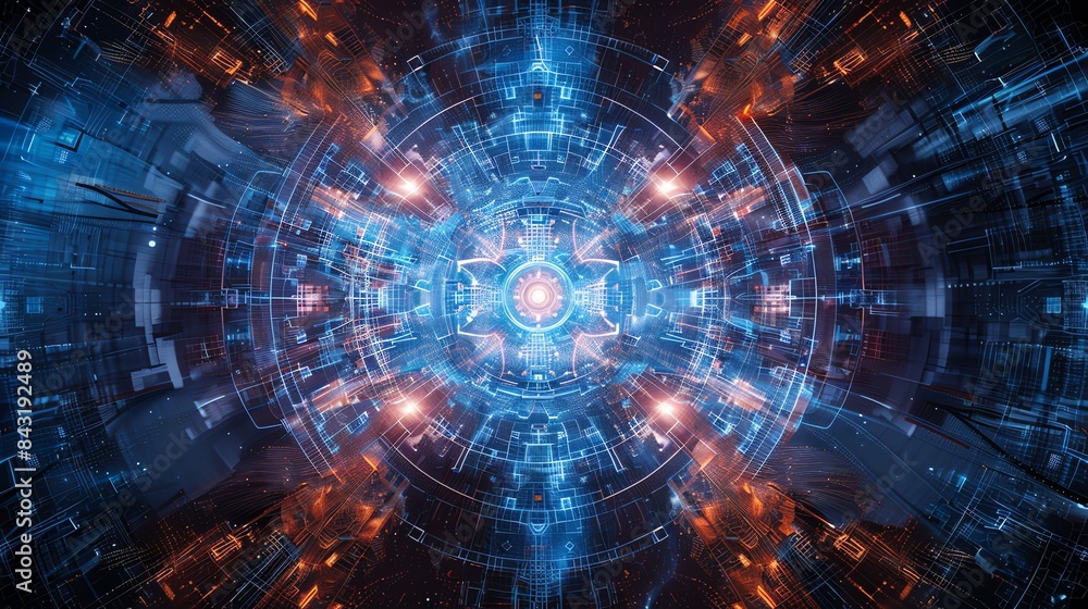 A glowing blue and orange circuit board with a futuristic design. A glowing blue and orange circuit board with a futuristic design.