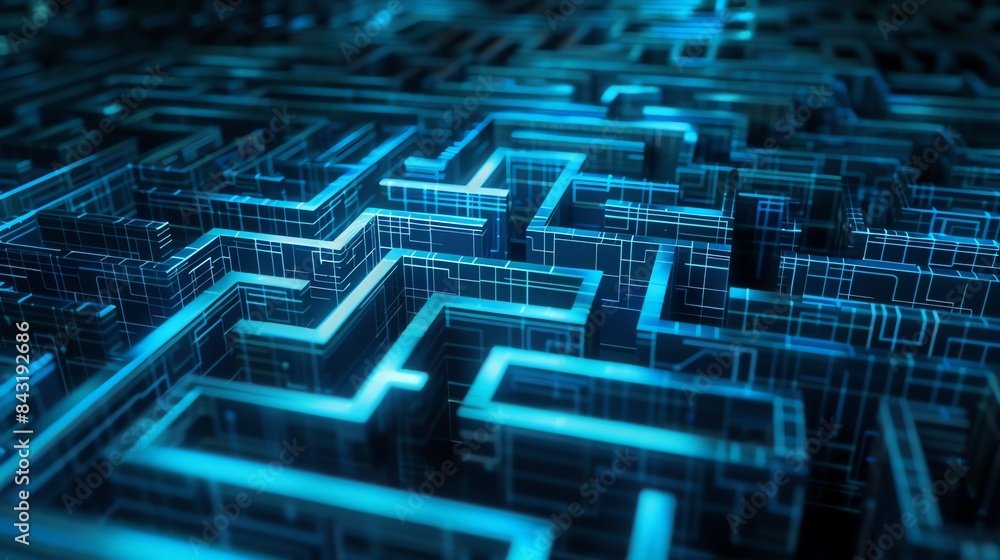 3D rendering of a maze. The walls are made of shiny metal and the floor is made of a dark material. 3D rendering of a maze. The walls are made of shiny metal and the floor is made of a dark material.