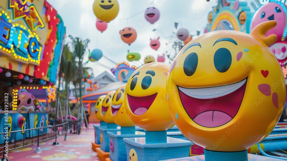 Amusement park with colorful and giant emoji decorations. The giant
