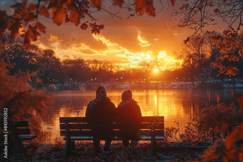 A couple sitting on a park bench, watching the sunset. Concept of peaceful moments and shared experiences. Generative Ai.