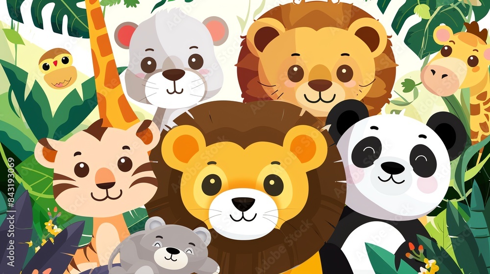 Naklejka premium A group of cute and friendly wild animals in the jungle.