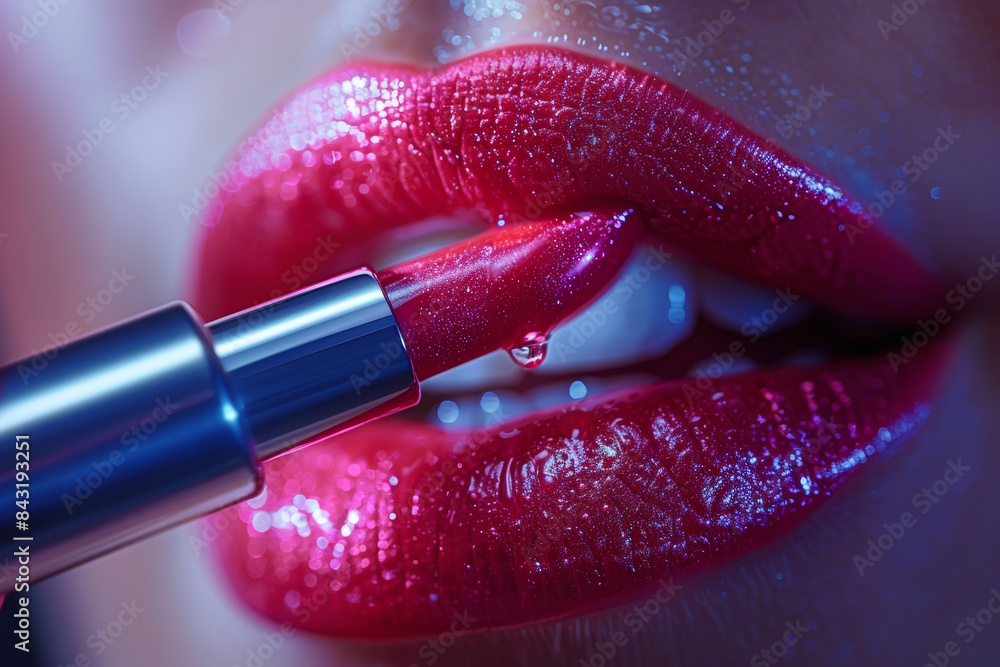 Obraz premium A vibrant lipstick being applied to smiling lips. Concept of beauty and self-expression. Generative Ai.