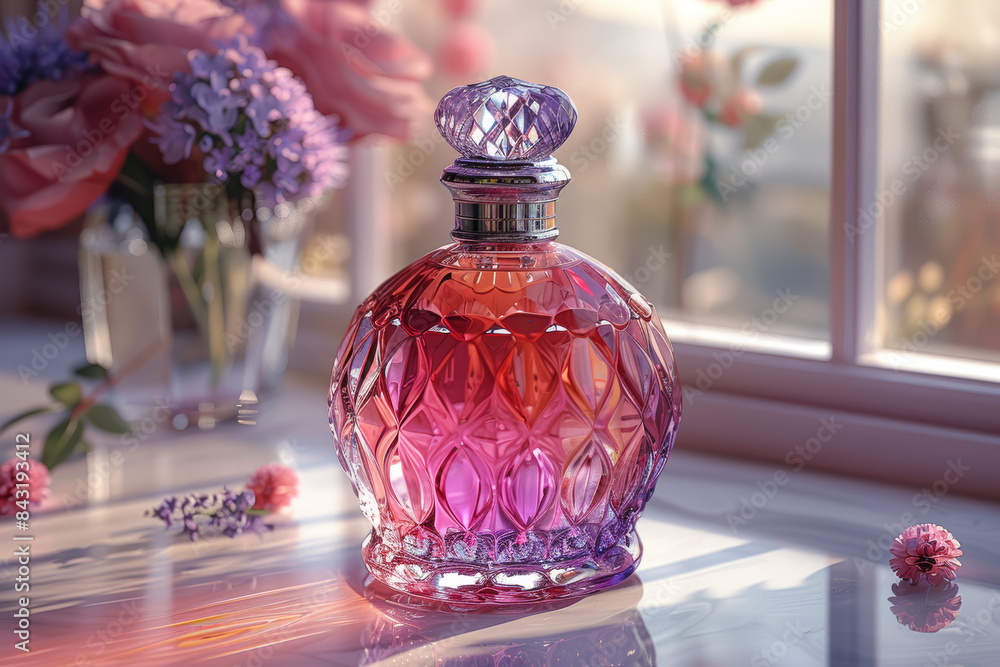 An enticing perfume bottle with floral accents. Concept of allure and personal fragrance. Generative Ai. An enticing perfume bottle with floral accents. Concept of allure and personal fragrance. Generative Ai.