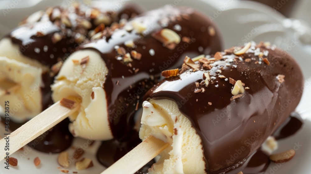 Vanilla almond ice cream with chocolate glaze on a stick Vanilla almond ice cream with chocolate glaze on a stick