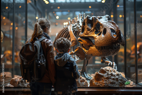 A family visiting a natural history museum. Concept of education and cultural enrichment. Generative Ai. © Sebastian