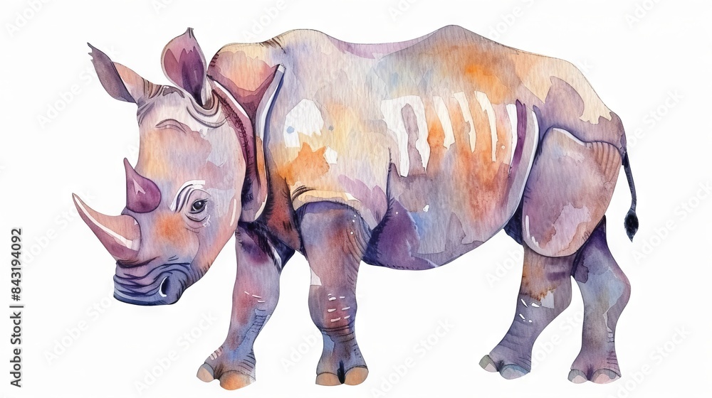 Obraz premium A watercolor painting of a rhinoceros in shades of pink, purple, blue, and orange.