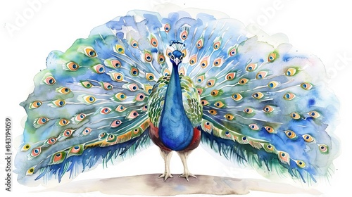 A watercolor painting of a proud peacock with its tail feathers spread out in a colorful display.