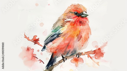 A watercolor painting of a red bird sitting on a branch with pink blossoms. photo